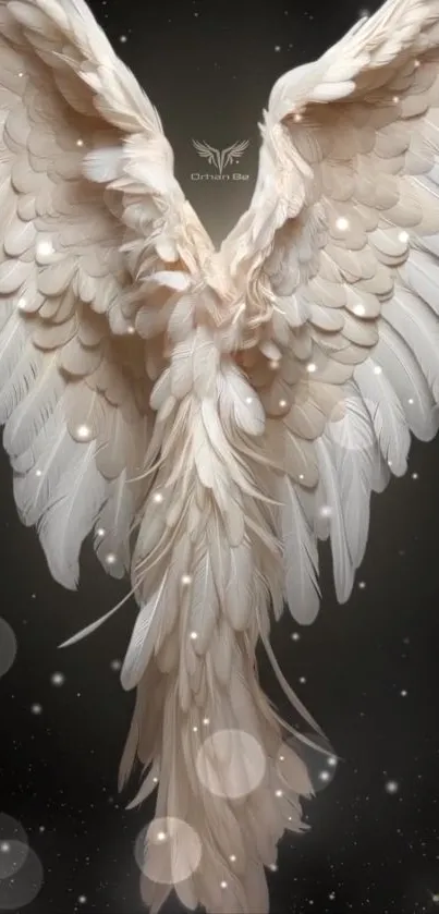 Elegant beige angel wings against dark background.