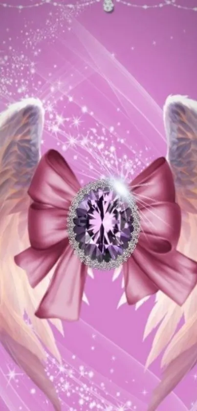 Elegant wallpaper with angel wings and jewel on pink background.