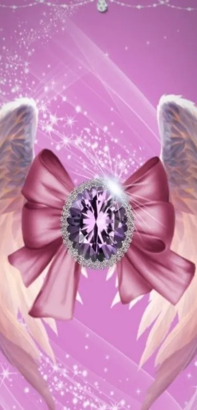 Purple jewel and angel wings on pink wallpaper.