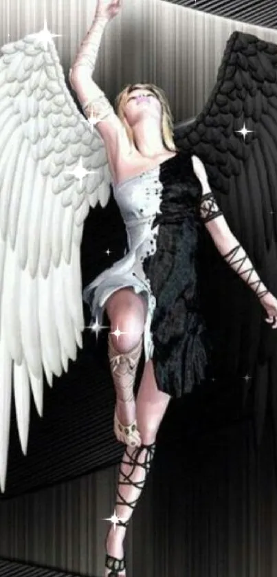 Angel with black and white wings on sleek background wallpaper.