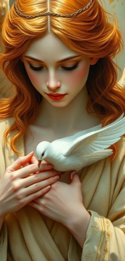 A serene angel holding a dove with soft warm tones.