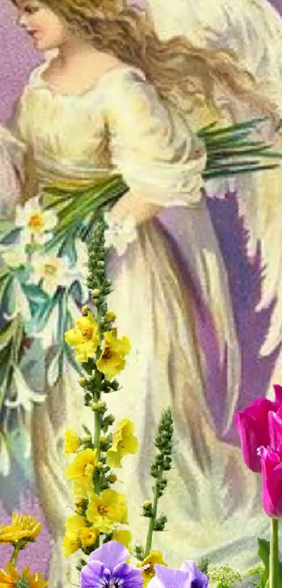 Angel holding flowers with colorful blooms in a serene, lavender background.