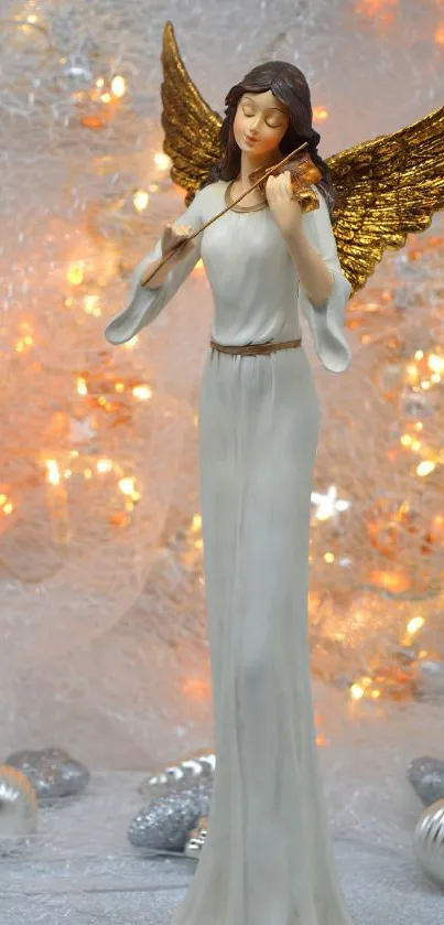 Elegant angel with golden wings and festive background.