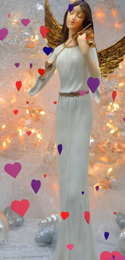 Elegant angel figure with golden wings and colorful heart accents on a serene background.