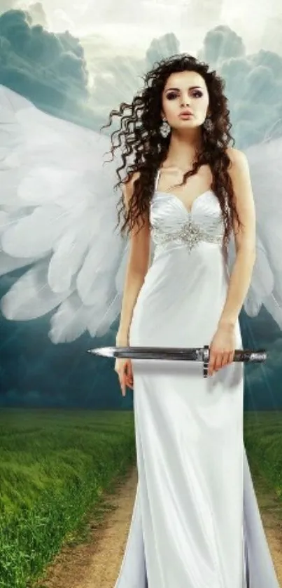 Elegant angel in white gown with wings holding a sword, set against a cloudy sky.