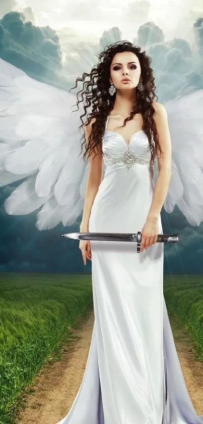 Elegant angel with wings holding a sword in a mystical landscape.