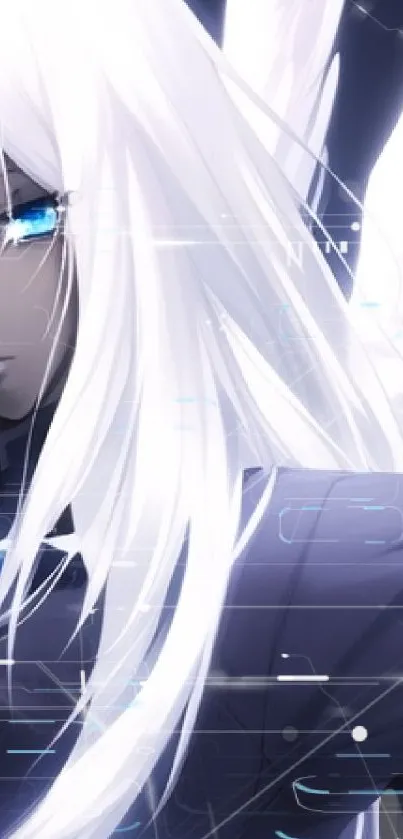 Angelic anime character with white hair and blue eyes on mobile phone wallpaper.