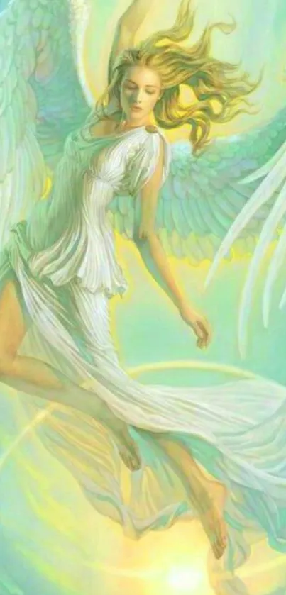 Angelic figure with radiant wings and flowing garments on a light blue background.