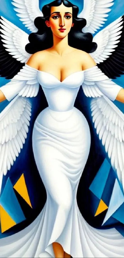 A stunning angel with white wings on a vibrant blue background.