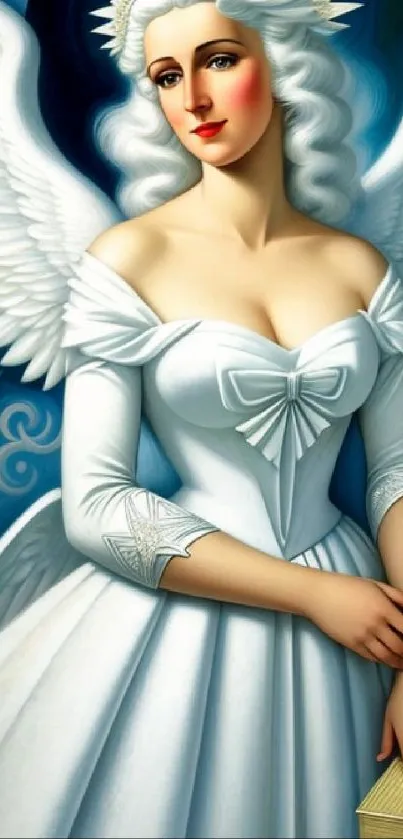 Elegant angelic figure in white with wings and box on blue background.