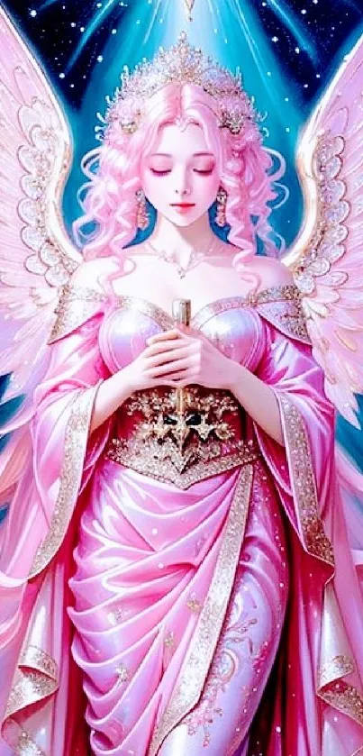 Elegant angelic figure with glowing pink wings and celestial backdrop.