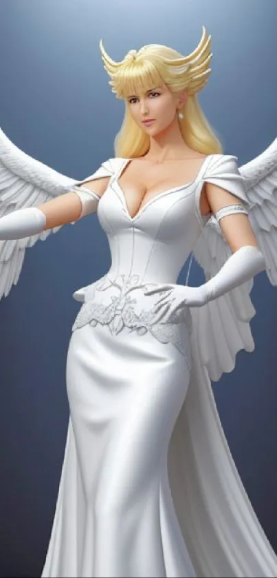 Elegant angel with white wings and gown, graceful digital artwork.