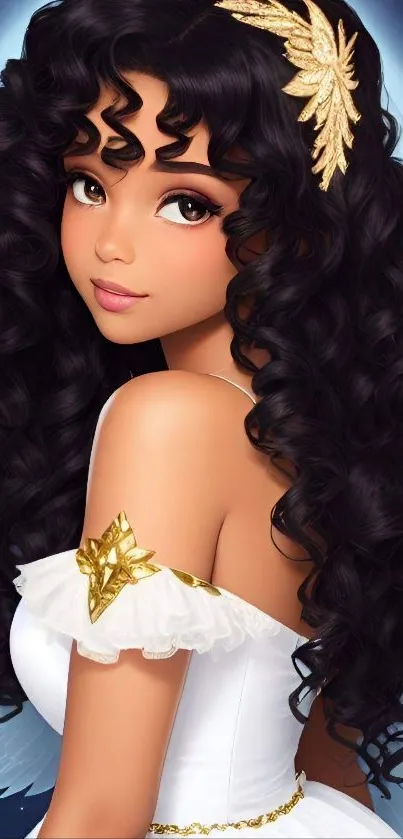 Angelic digital art with dark curls and golden accents.