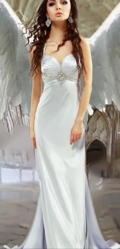 Elegant woman in white dress with angel wings, fantasy wallpaper.