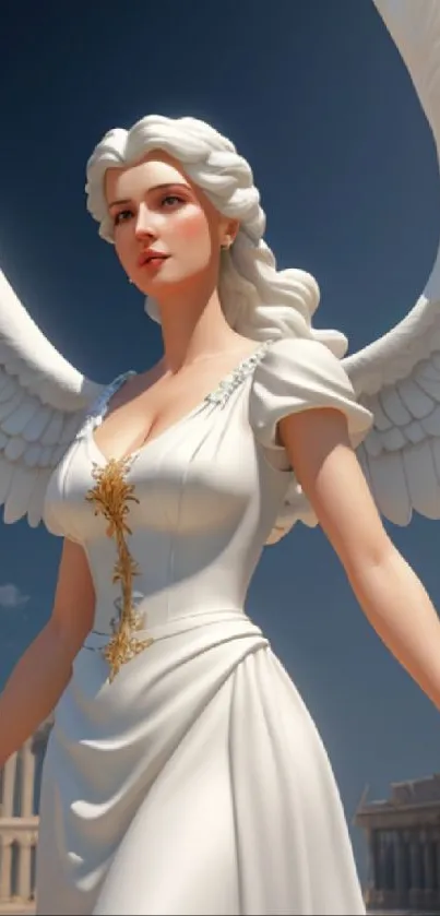 Angelic figure with white wings in an elegant, serene fantasy setting.