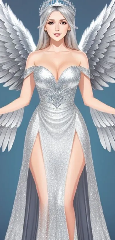 Angelic figure with wings wearing a sparkling silver gown.