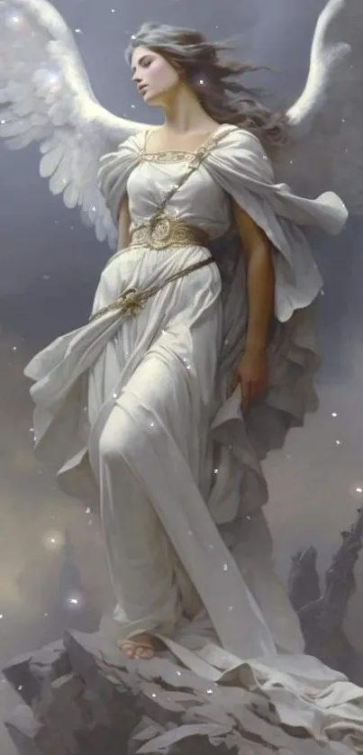 Elegant angelic figure in fantasy art with soft gray tones.