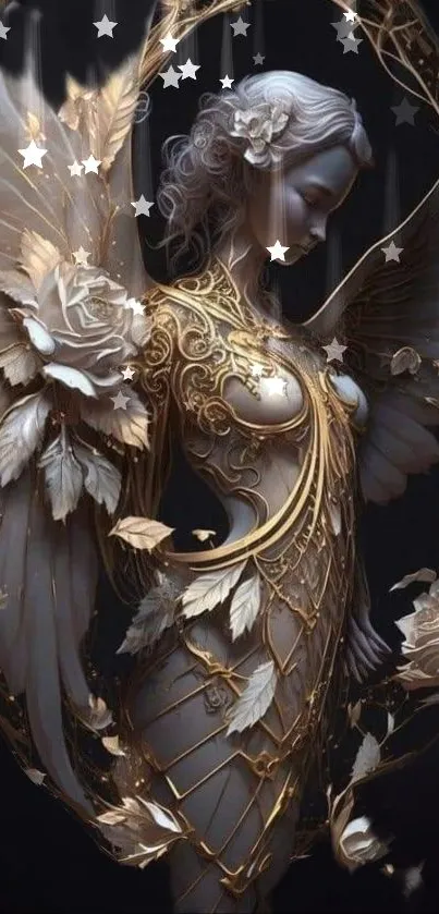 Elegant angel with golden floral wings in fantasy artwork.