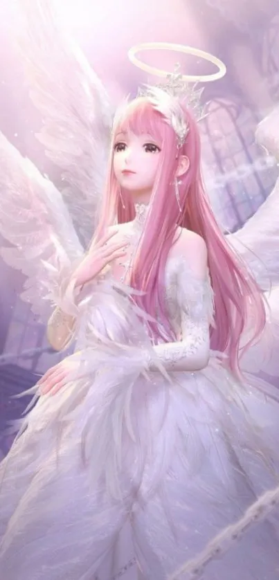 Pink-haired angel in a serene fantasy setting.