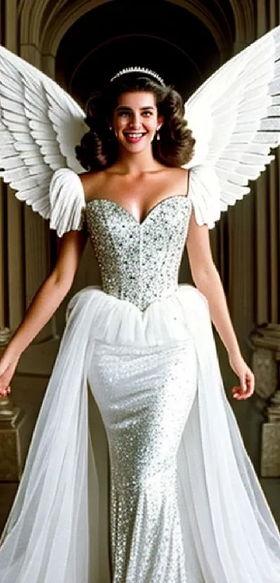 Elegant angel in a white gown with wings, set in a majestic backdrop.