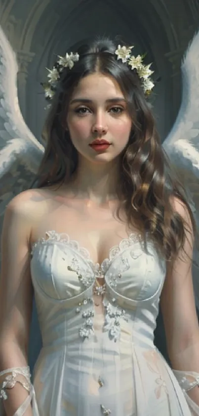 Fantasy angel with wings in a serene setting.