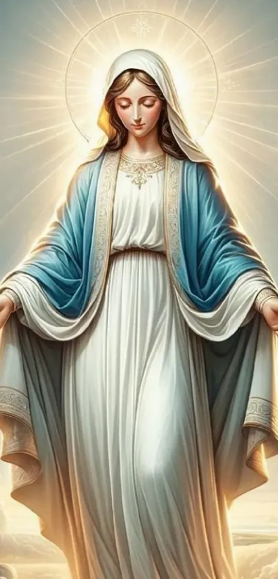 Angelic figure with serene blue and golden tones, ideal mobile wallpaper.