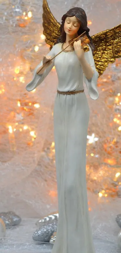 Elegant angelic figurine with golden wings against a glowing background.