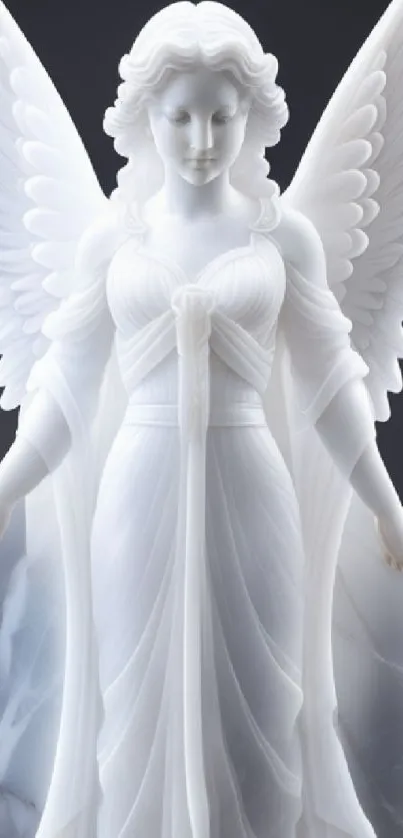 Angelic marble sculpture with detailed wings on a serene background.