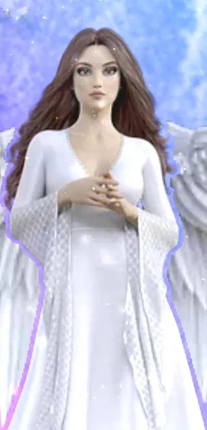 Angel in white with wings on a periwinkle background.