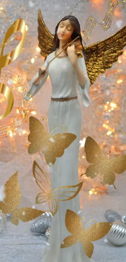 Elegant angel with golden wings and butterflies, surrounded by musical notes.