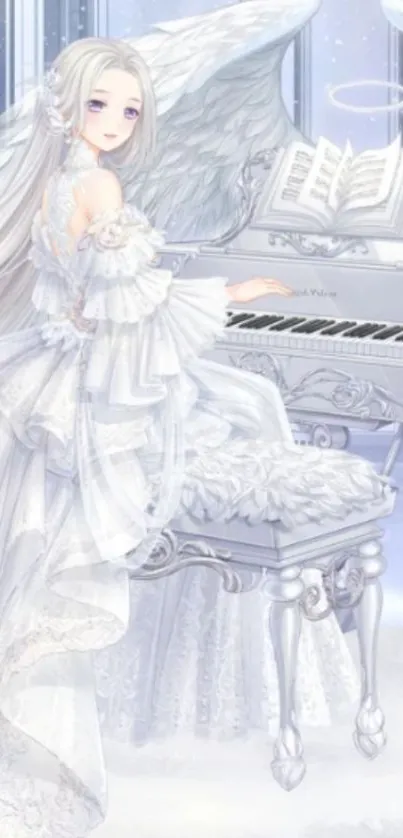 Angelic figure playing piano in a heavenly, serene setting.