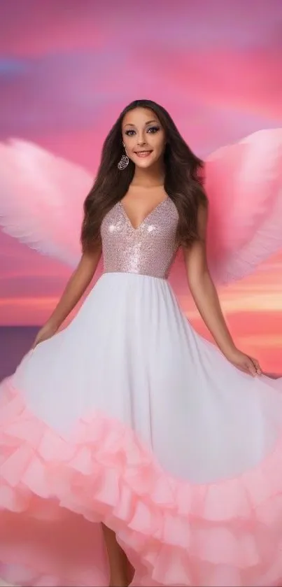 Angelic woman in a pink dress with wings against a sunset background.