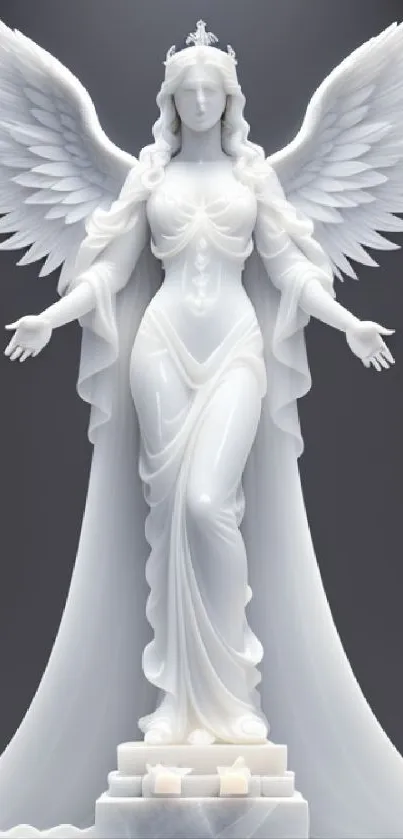 White angelic sculpture with wings on dark background.