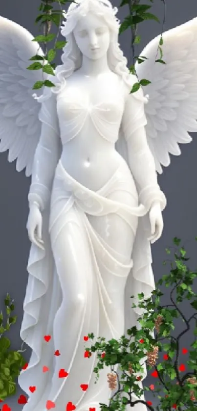 Angelic statue with wings in nature-themed mobile wallpaper.