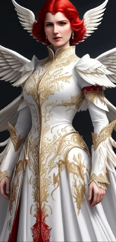 Red-haired angelic warrior with wings in white and gold armor.