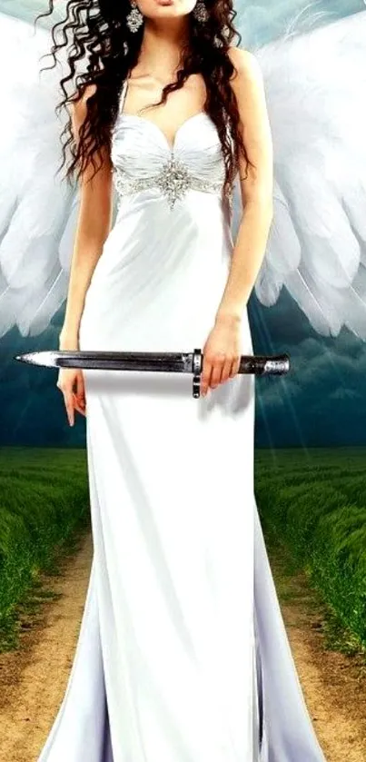 Angelic warrior woman with sword in white dress and wings.