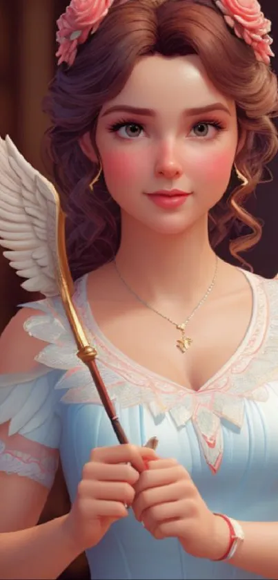 Elegant woman with wings in blue dress.