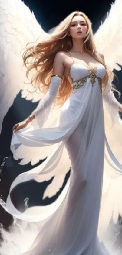 Elegant angelic woman with white wings in a flowing gown.