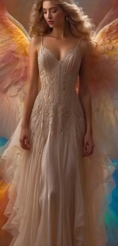 Angelic woman in elegant gown with vibrant wings.