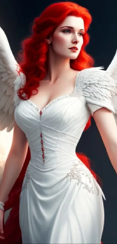 Angelic woman with red hair and wings in fantasy art wallpaper.