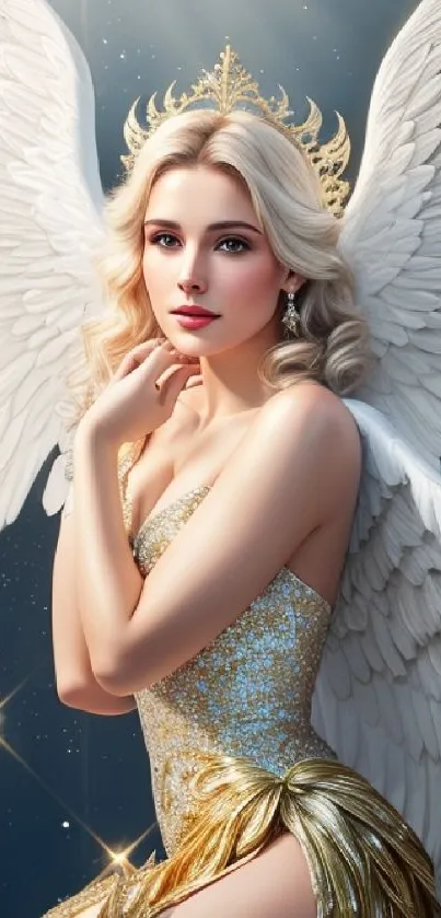 Elegantly golden angelic figure wallpaper for mobile.