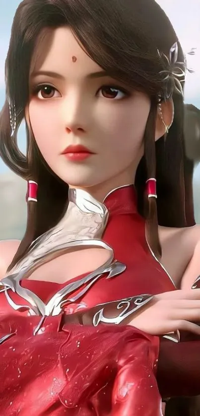 Animated character in elegant red dress with captivating eyes.