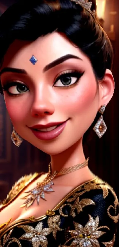 Elegant animated character with jewelry and royal attire.