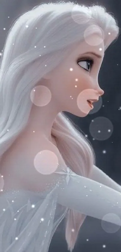 Elegant white-haired animated character profile, fantasy theme.