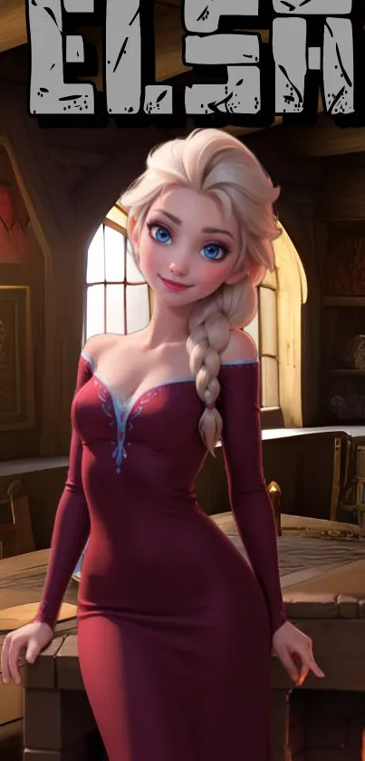 Animated character in burgundy dress, standing in a cozy room setting.