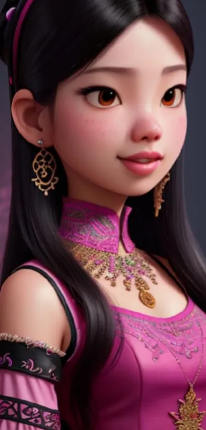 Animated character with pink attire and jewelry in elegant style.