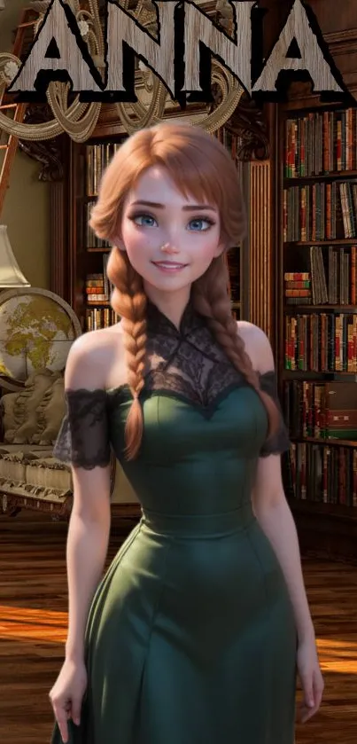 Animated character in vintage library setting, elegant and chic.