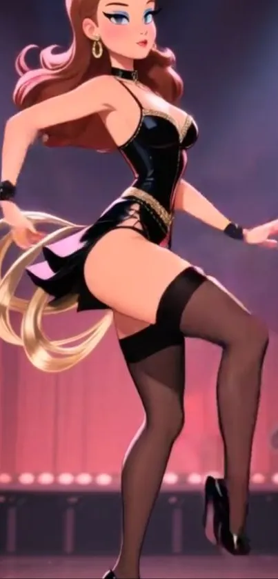 Illustrated elegant dancer on stage, vibrant colors.