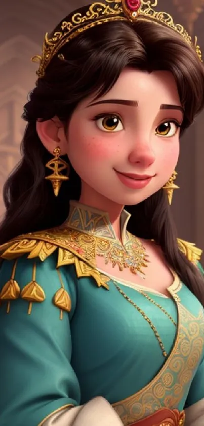 Illustrated animated princess in teal dress with ornate details.