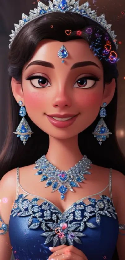 Animated princess in a regal blue gown with elegant jewelry.